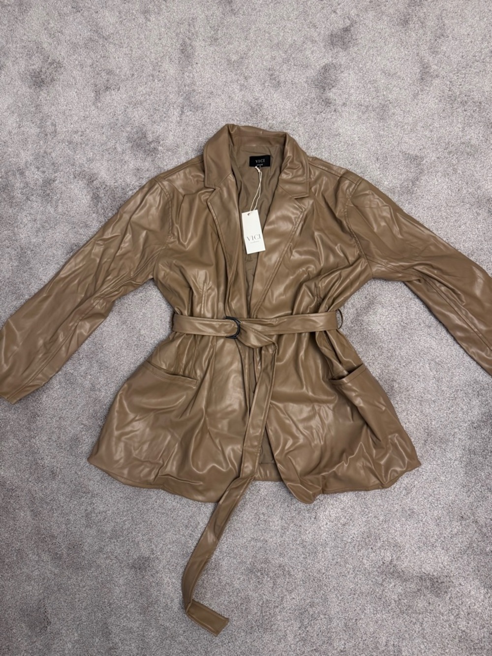VICI Taupe Faux Leather Belted Jacket